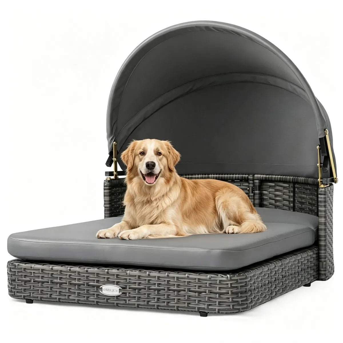Gray Hand-Woven PE Rattan Dog Bed with Adjustable Canopy, Elevated Outdoor Pet Daybed with Washable Plush Cushion, Anti-