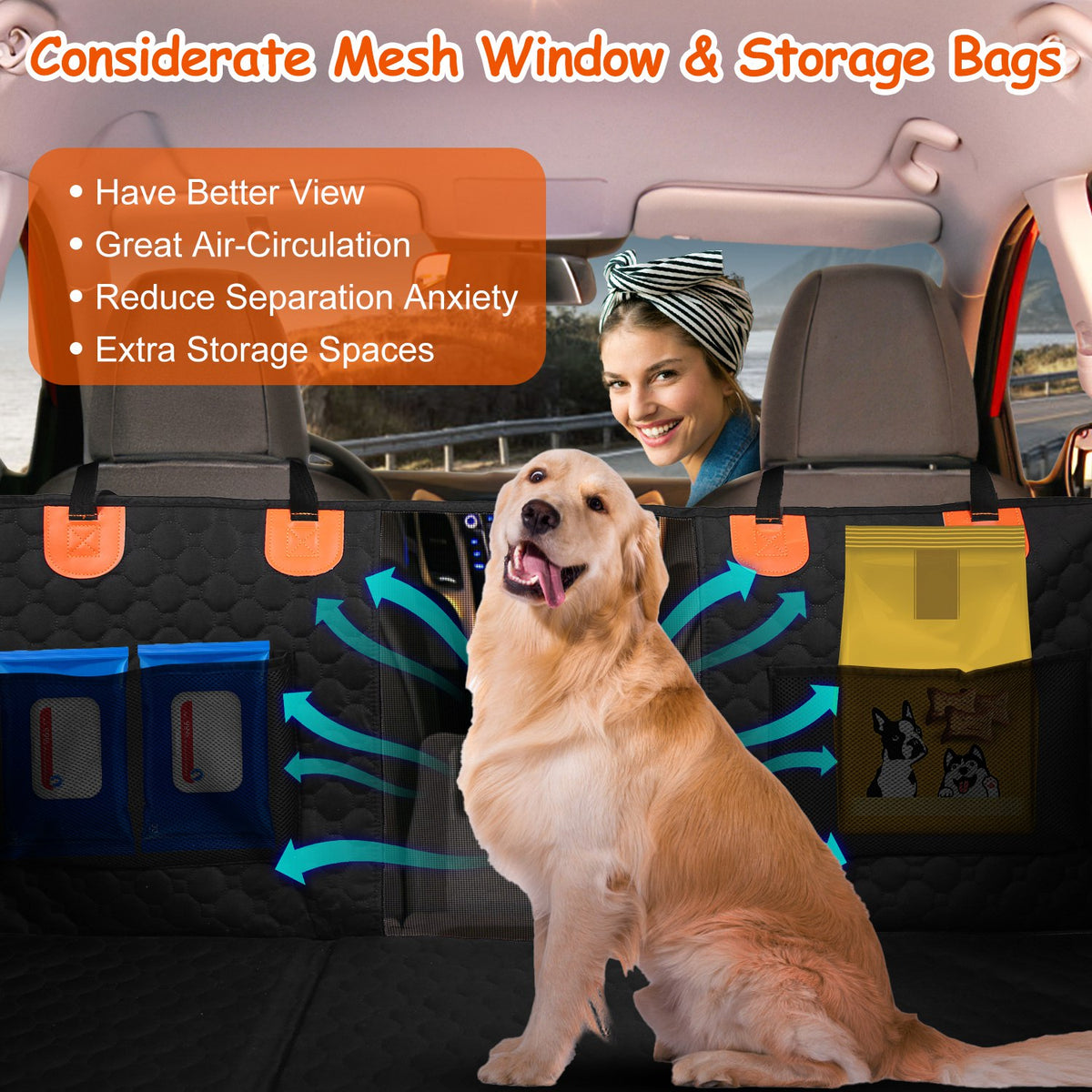 Dog Car Back Seat Cover With Zipper Mesh Window Storage Bags Waterproof 600D Oxford Cloth Car Seat Protector With Slide 