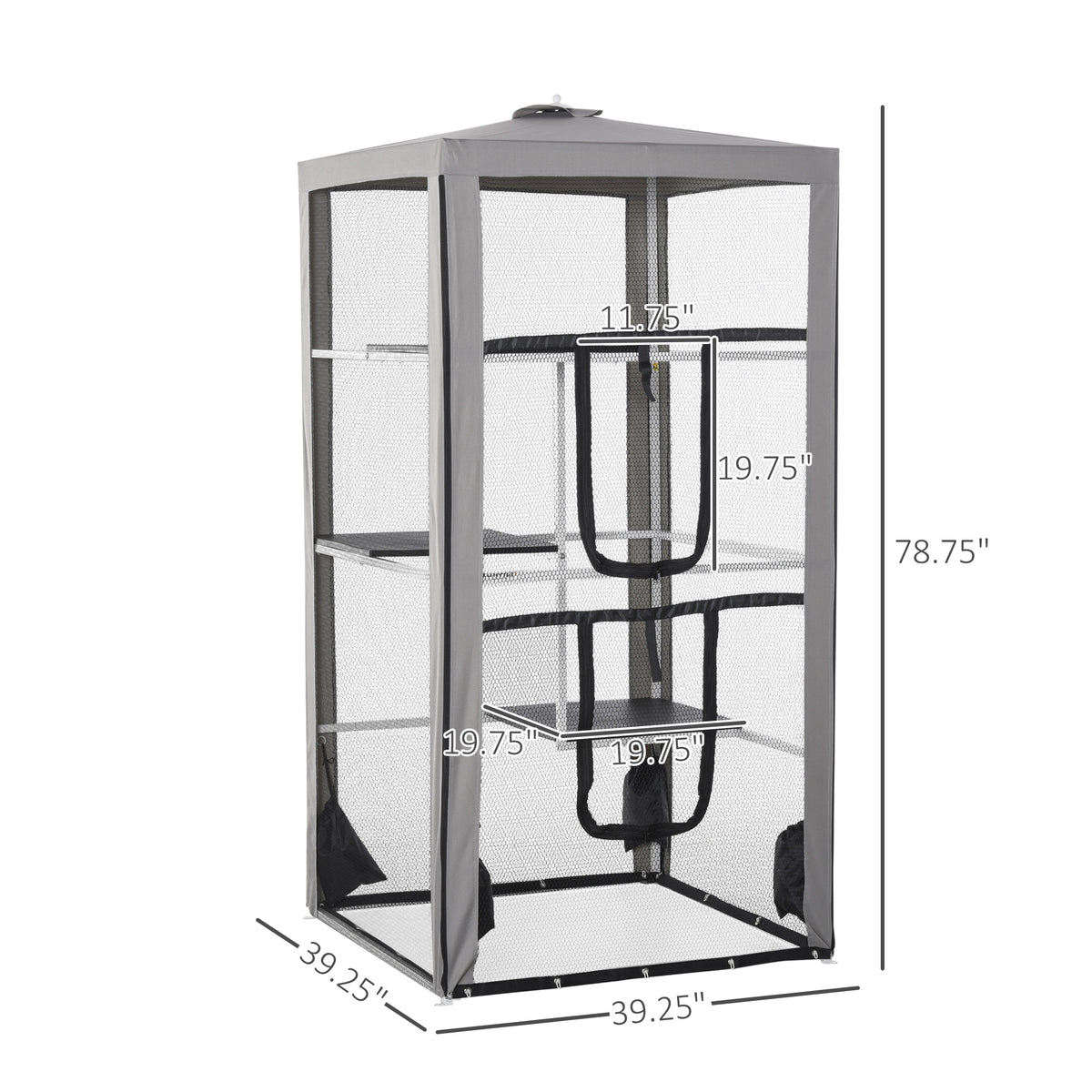 79"H Cat House Kitten Enclosure Mesh Playpen Steel Frame with 3 Platforms, 2 Doors and 4 Sandbags for Stability, Indoor/