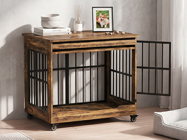 32in Dog Crate Furniture, Double Door Wooden Indoor Dog Kennel Furniture, Decorative Pet Cage End Table With Wheels For 