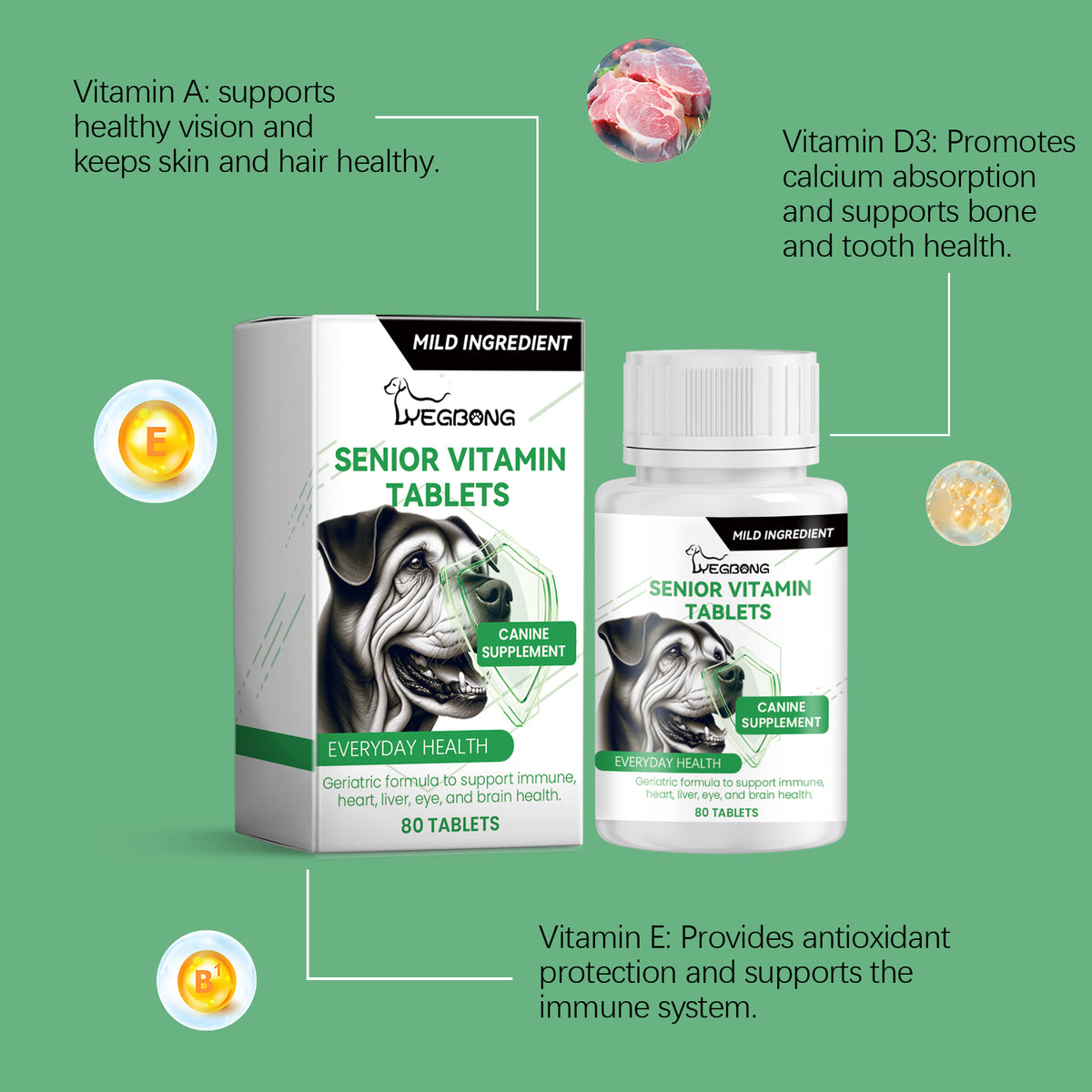 Senior Dog Vitamin Tablets, Multivitamin Supplement For Older Dogs, Support Immunity, Eyes, Skin & Bone Health, 80 Chewa