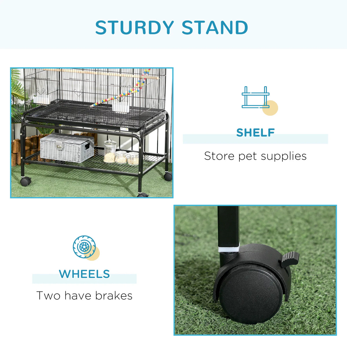 52" Bird Cage with Rolling Stand, Toys, for Budgies Canaries Black