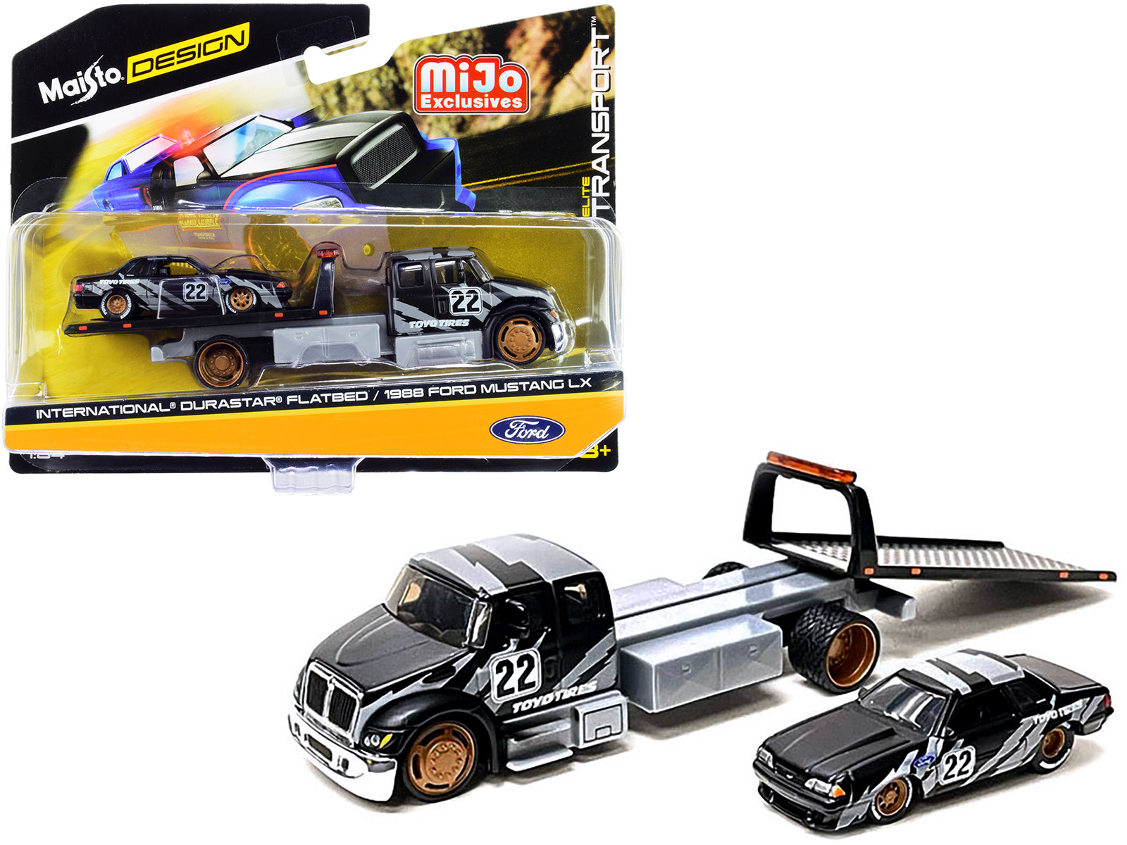 International DuraStar Flatbed Truck #22 and 1988 Ford Mustang LX #22 Matt Black with Gray Graphics "Toyo Tires" "Elite Transport" Series 1/64 Diecast Models by Maisto - BIG FRENCHIES