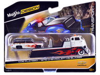 COE Flatbed Truck White and Black with Flame Graphics and 1979 Chevrolet K5 Blazer Black and White with Flame Graphics "Elite Transport" Series 1/64 Diecast Models by Maisto