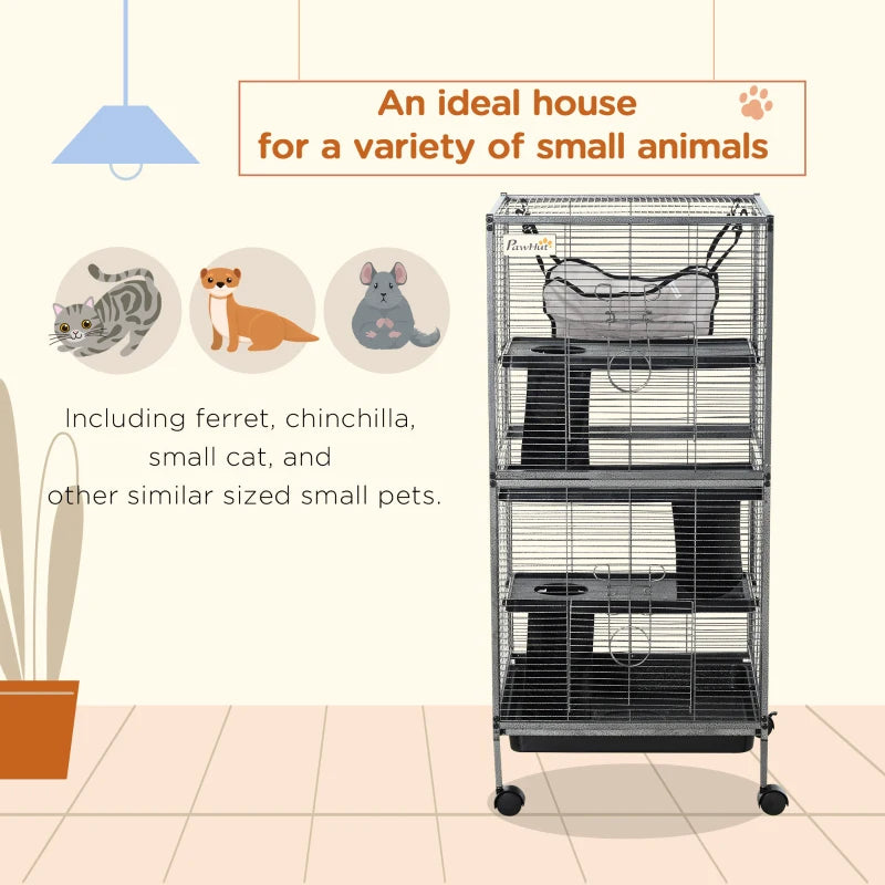 PawHut Metal Small Animal Cage Rolling Big Ferret Cage, Chinchilla Cage, Sugar Glider Cage, With Hammock & 4 Tiers, Remo