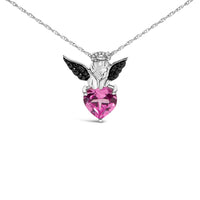 Sterling Silver Diamond Accent & Created Pink Sapphire Angel Heart Pendant Necklace