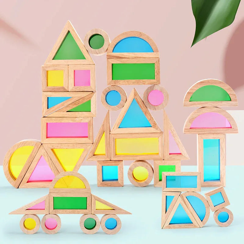 24 Pcs Rainbow Acrylic Sensory Wooden Building Blocks - BIG FRENCHIES