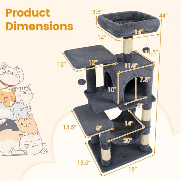 44" Multi-Level Cat Tree With Spacious Top Perch, 2-Door Condo & Hammock For Indoor Cats -Gray