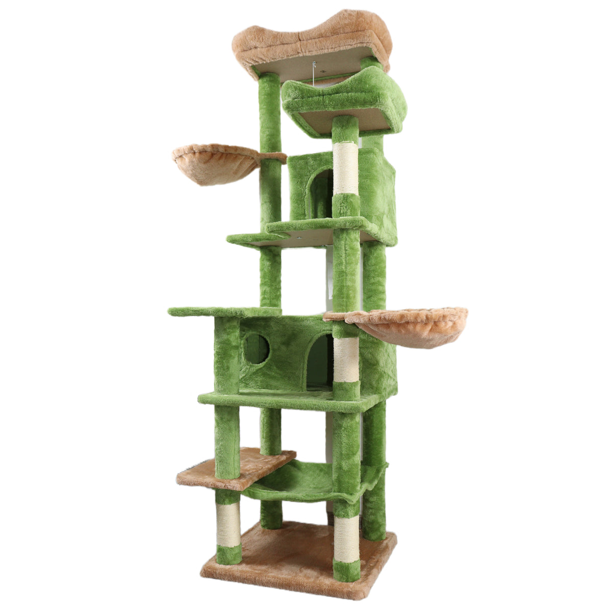 68in Tall Multi-Level Green Cat Tree with Hammocks, Hanging Basket, Cat Cave, Removeable Cushion, Scratching Posts - Plu