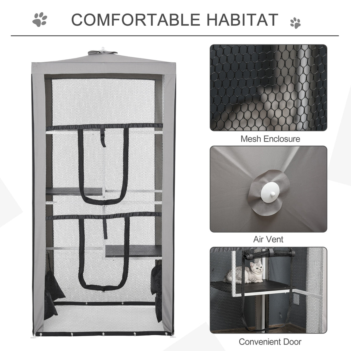 79"H Cat House Kitten Enclosure Mesh Playpen Steel Frame with 3 Platforms, 2 Doors and 4 Sandbags for Stability, Indoor/