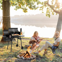 Barrel Charcoal Grill with Offset Smoker, All Metal Outdoor Smoker with Side Table and Wheels for Outdoor Garden Patio a