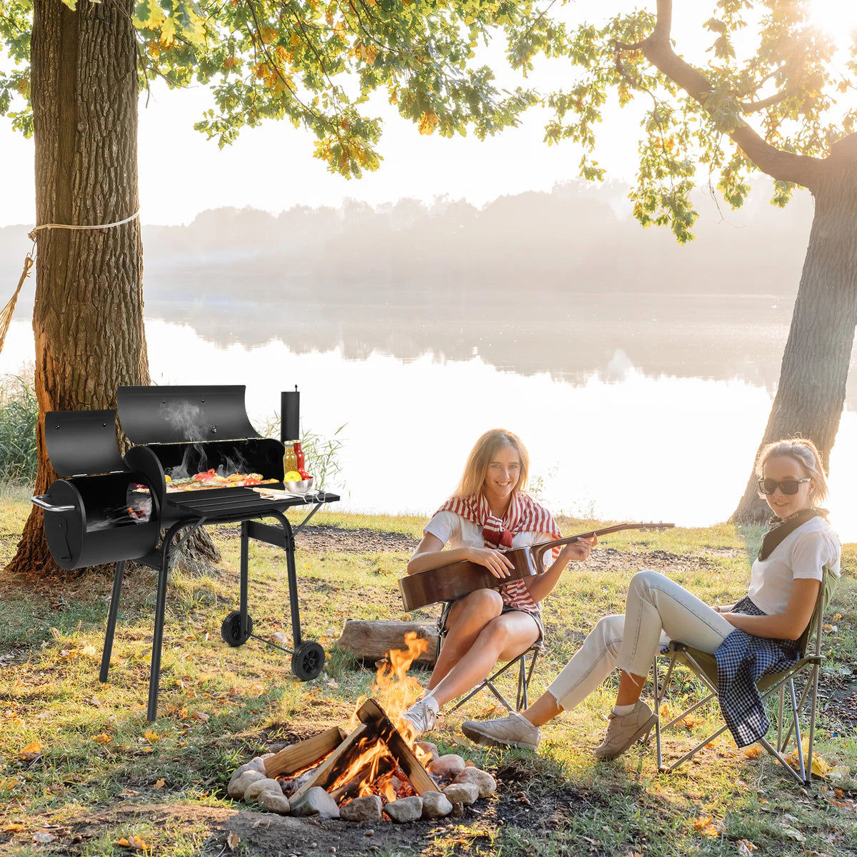 Barrel Charcoal Grill with Offset Smoker, All Metal Outdoor Smoker with Side Table and Wheels for Outdoor Garden Patio a