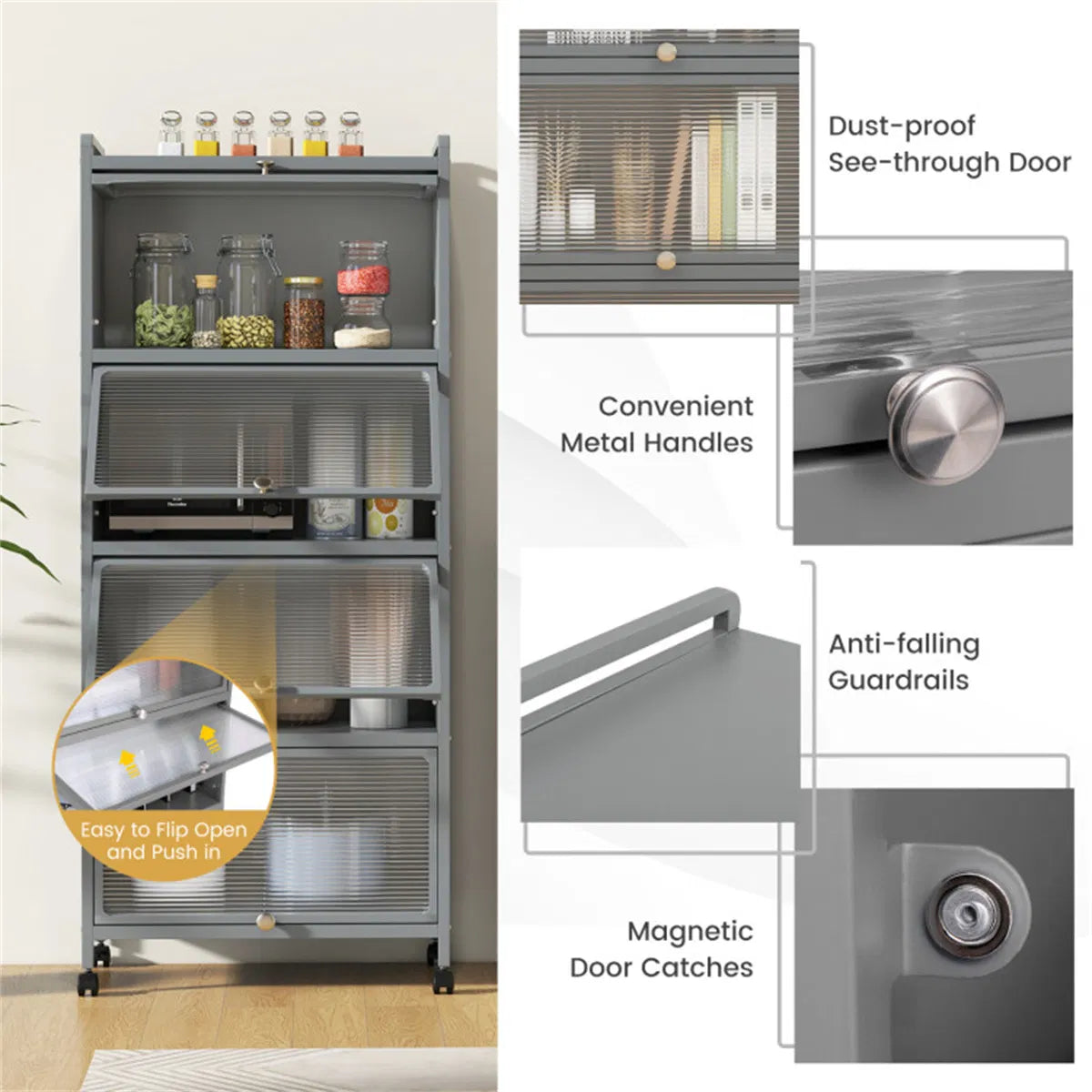5-Tier Rolling Microwave Stand Flip Dust-Proof Doors 4 Casters with Brakes Kitchen Storage Rack Gray