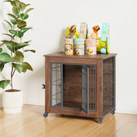 27.2" Dog Crate Furniture with Wheels for Small Dogs, Heavy Duty Dog Kennel Indoor with 2 Doors, Wooden Pet Cage End Tab