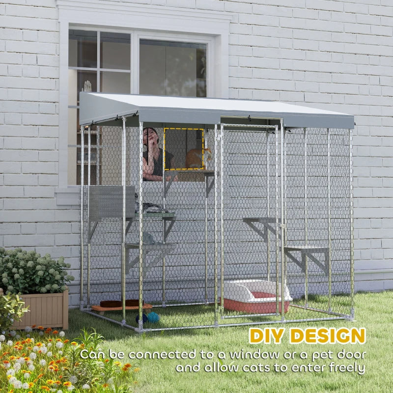 Galvanized Steel Large Catio With Waterproof Canopy, Sleeping Box, Jumping Platforms, For 1-3 Kittens, SilverMultiple Pa