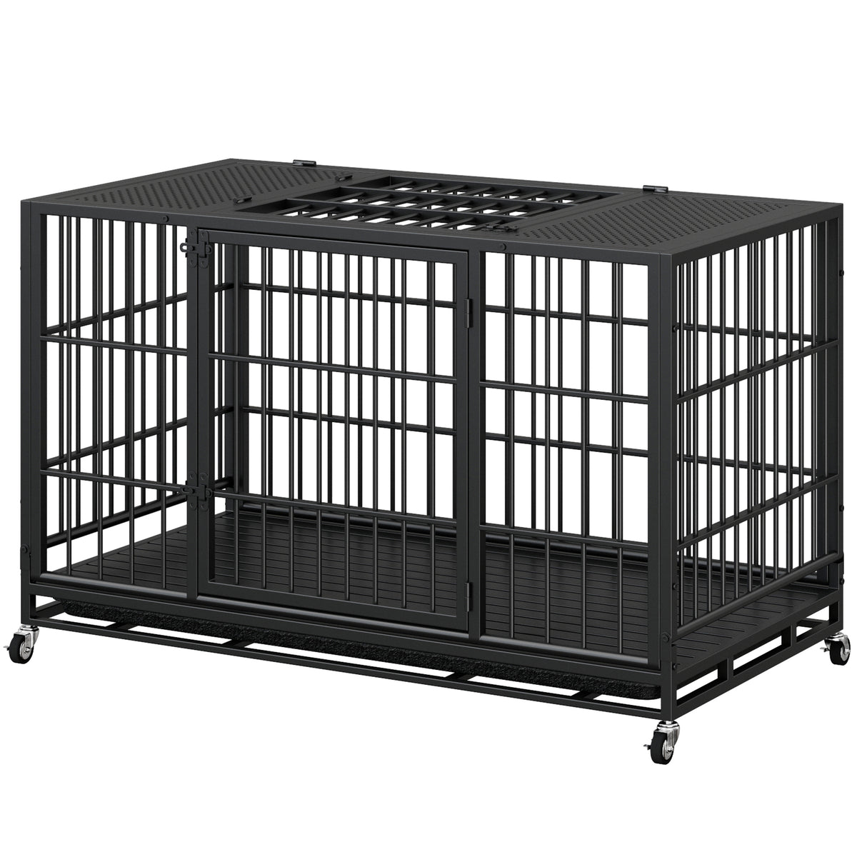 Heavy Duty Dog Crate , Mobile Pet Kennel with Lockable Wheels & Rotary Twist-Latch, Indoor Outdoor Metal Cage with Perfo