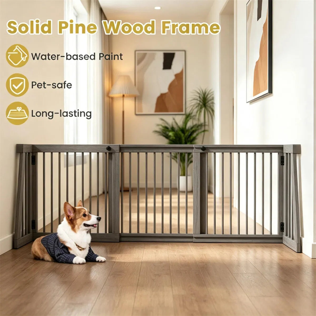 Adjustable Expandable Wooden Pet Gate 22 Inch Tall Freestanding Safety Fence, Gray Pine Wood Slide Dog Gate Easy Assembl