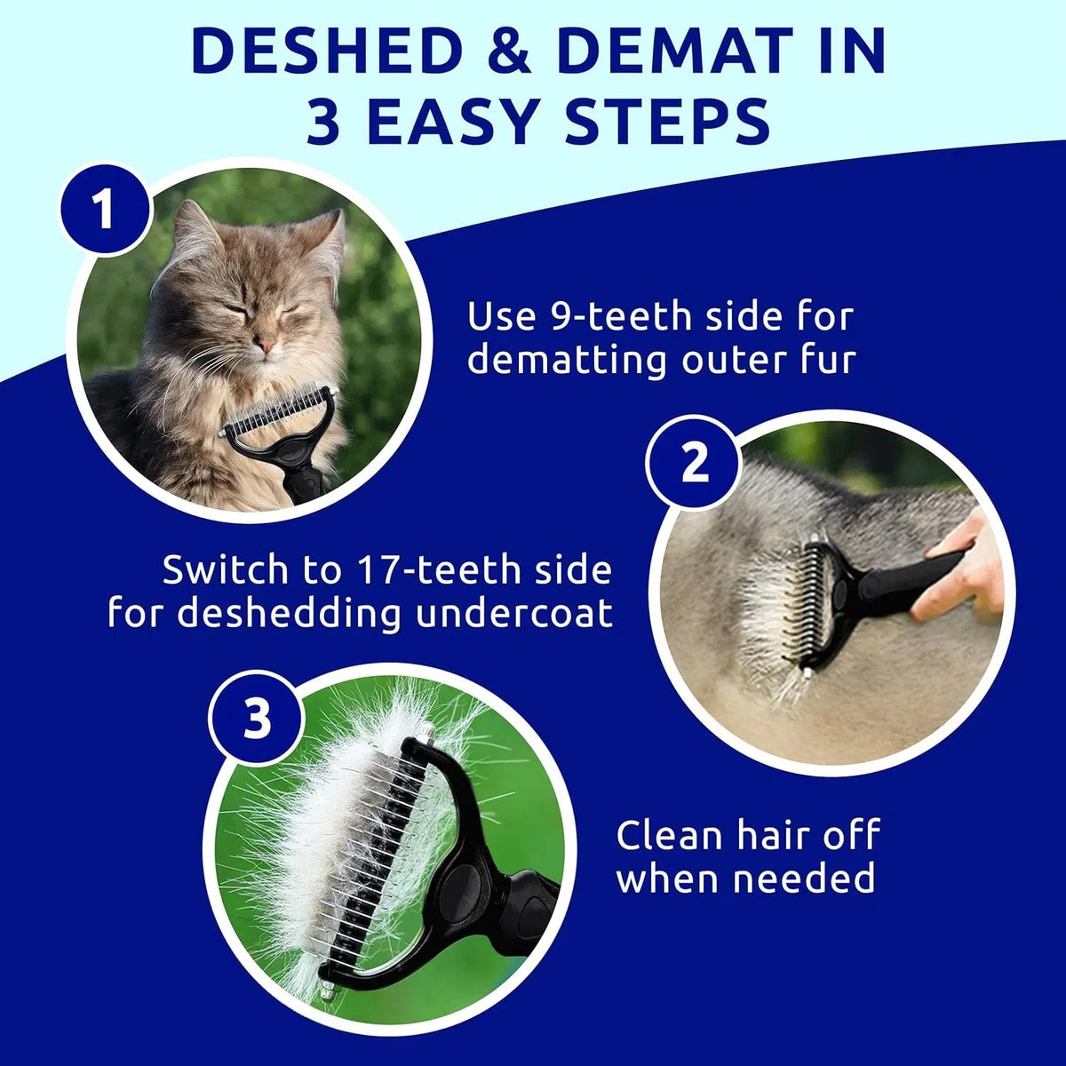 Black pet hair removal dog brush for hair removal - indoor cats use cat brush, long and short haired dogs use double-sid