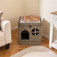 2-Tier Wicker Cat Condo With Litter Mat - Hidden Litter Box Enclosure, Detachable Washable Cushion, Gray Rattan