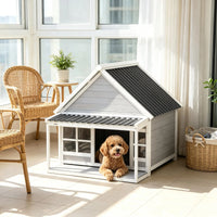 Wooden Dog House with Porch, Outdoor Weatherproof Dog House with Tilt Roof, Front Door and Windows, for Medium and Large