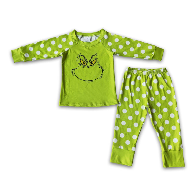 Green face screen print polka dots girls Christmas pajamas - BIG FRENCHIES