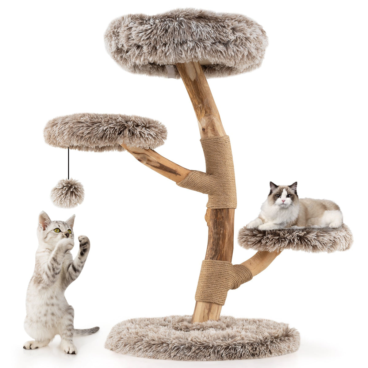 Cat Tree Solid Pear Wood with Perch and Natural Jute Scratching Posts-Brown