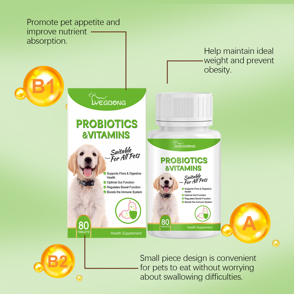 Pet Probiotics & Vitamin Tablets For Dogs & Cats, Gut Health Supplement, Support Digestion & Immune System, 80 Chewable 