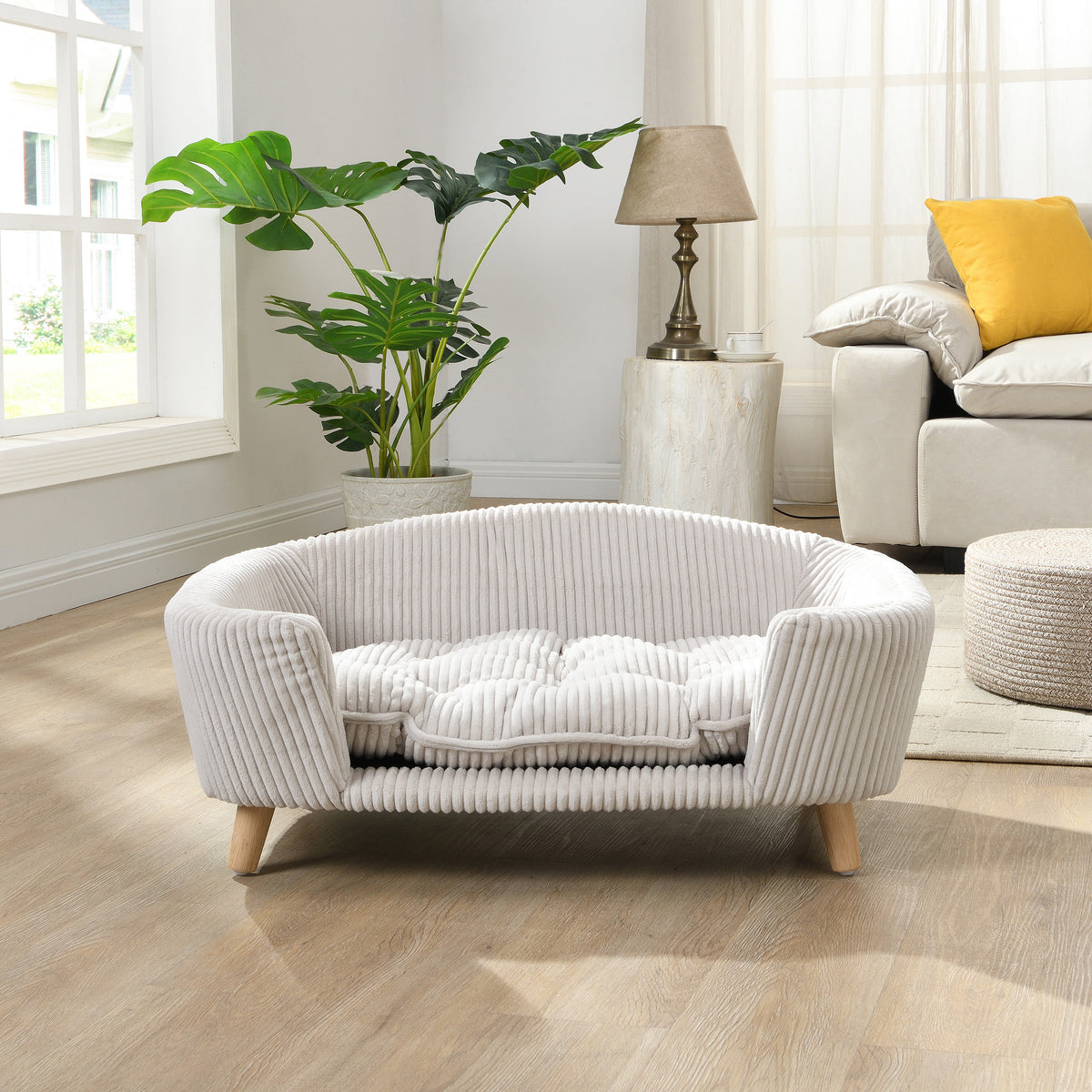 Elevated Dog Bed Frame for Small Dog, Corduroy Pet Couch Bed with Rubber Wood Legs and Supportive Foam, Beige , Easy Ass