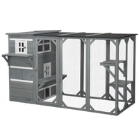 Wooden Cat Catio, 76"L Walk in Outdoor Cat House with Asphalt Roof, Platforms, Lockable Doors, 3-tier Resting Condo, Obs