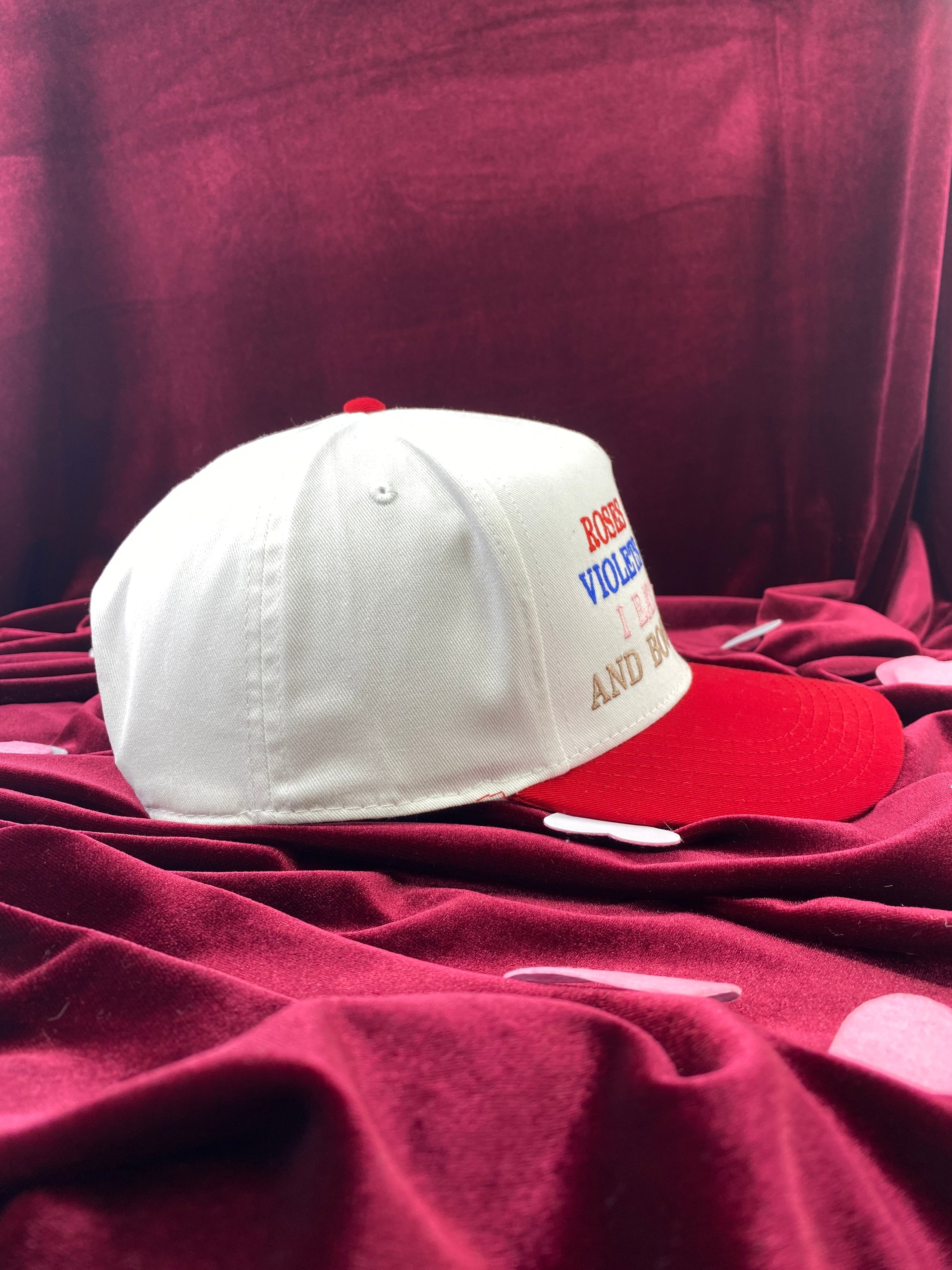 Roses are red violets are blue I eat coochie and booty hole too White/red Midcrown Snapback Custom Embroidered Cap Hat