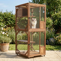Large 2-Tier Outdoor Wooden Cat Enclosure on Lockable Wheels, Solid Fir Cat Cage with Multi-Level Platforms & Resting Ho