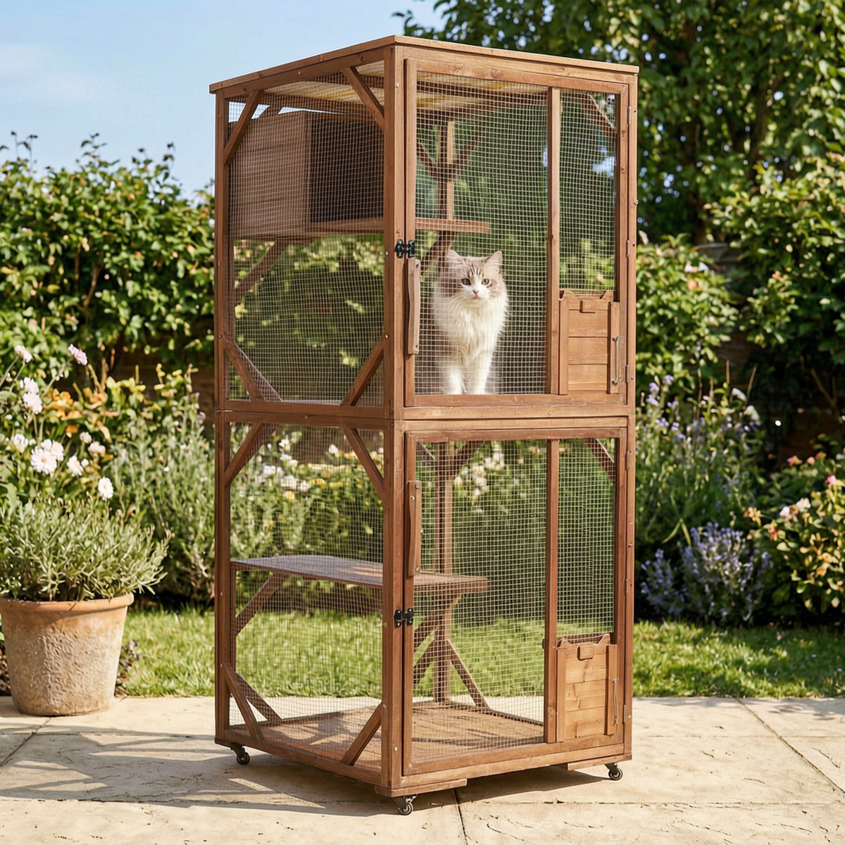Large 2-Tier Outdoor Wooden Cat Enclosure on Lockable Wheels, Solid Fir Cat Cage with Multi-Level Platforms & Resting Ho