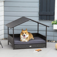 Wicker Dog House Outdoor with Canopy, Rattan Dog Bed with Water-resistant Cushion, Raised Pet Bed for Small, Medium Bree