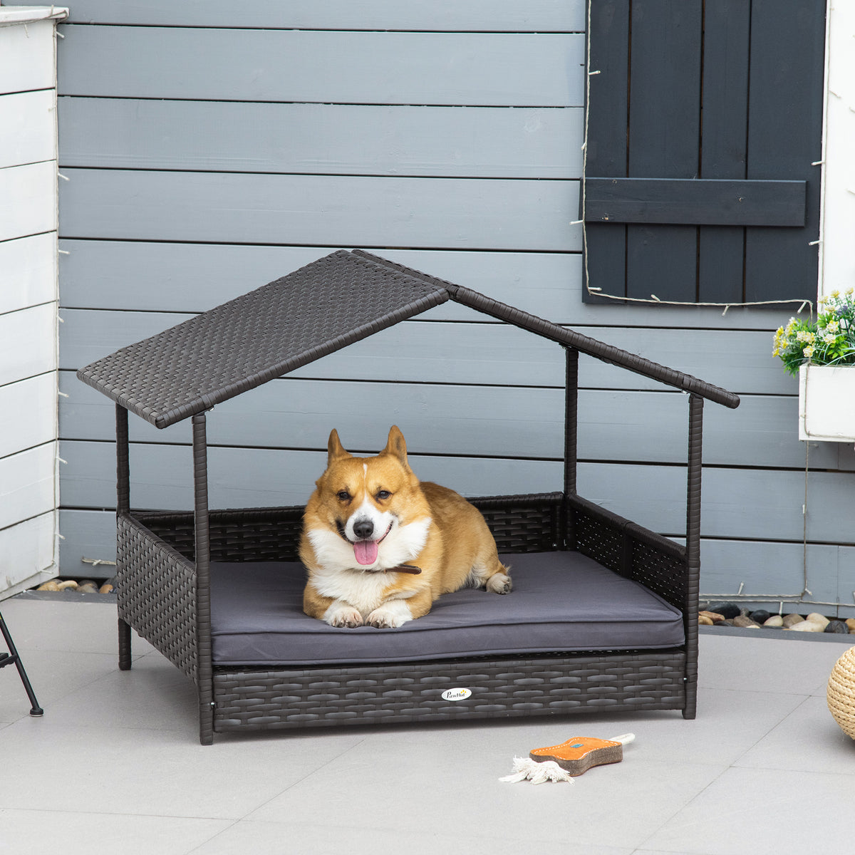 Wicker Dog House Outdoor with Canopy, Rattan Dog Bed with Water-resistant Cushion, Raised Pet Bed for Small, Medium Bree