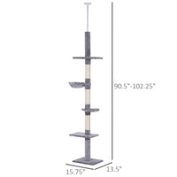 102" Adjustable Height Floor to Ceiling Cat Tree, 5 Level Cat Tower with Scratching Posts, Hammock, Gray