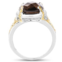 3.28 Carat Genuine Smoky Quartz and Yellow Diamond .925 Sterling Silver Ring