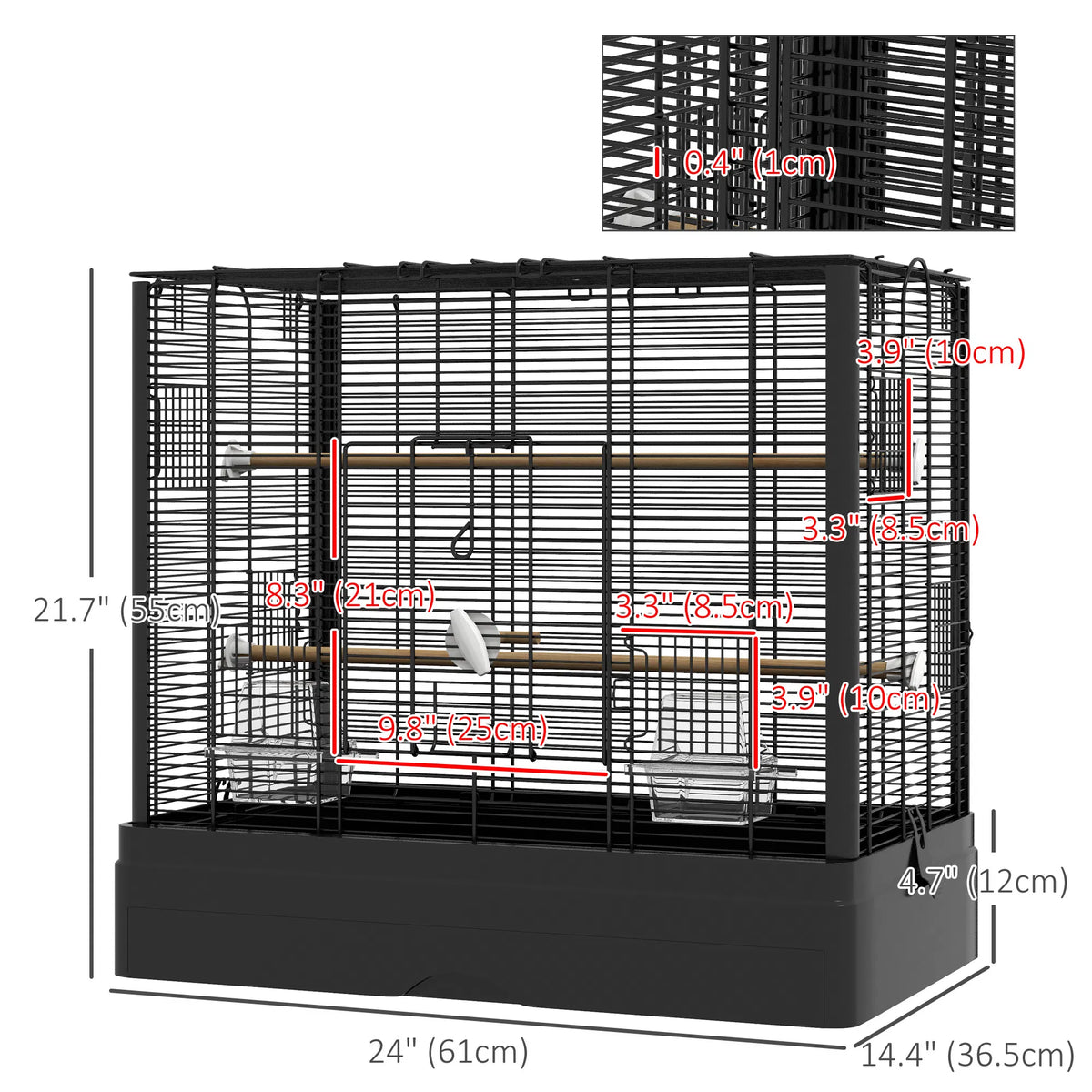 22" Bird Cage for Budgie Finches Canaries Love Birds with Wooden Stands, Slide-Out Tray, Handles, Food Containers, Black