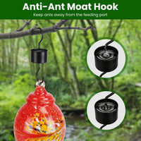 Glass Hummingbird Feeder 33OZ Hand Blown Hummingbird Feeder With 5 Flower Feeding Port Perch Ant Moat Hanging Hook S Hoo