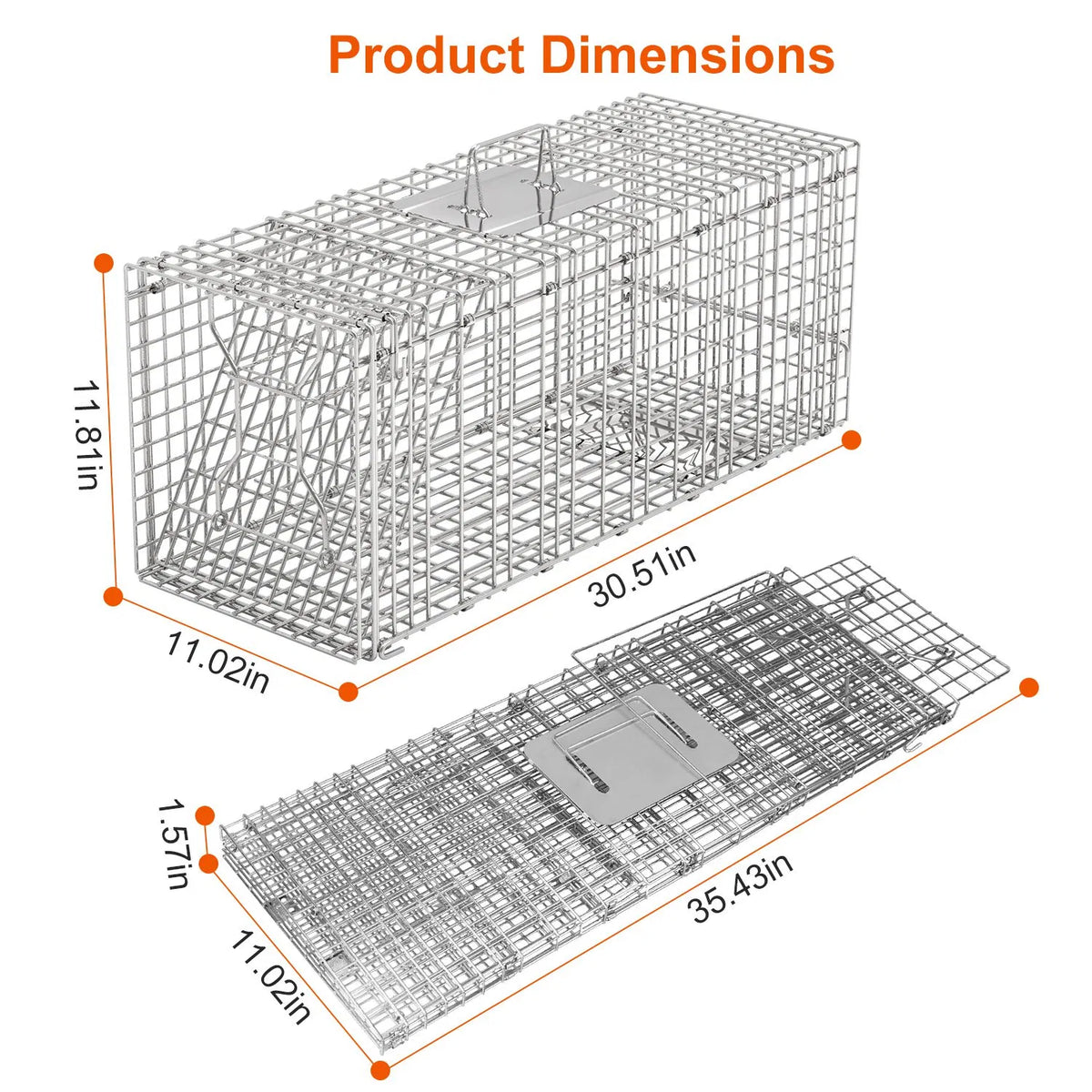 Humane Animal Trap Cage (30.51x11.02x11.81in) - Galvanized Sturdy Wire Mesh, Sensitive Trigger & Dual Doors, Handle Guar