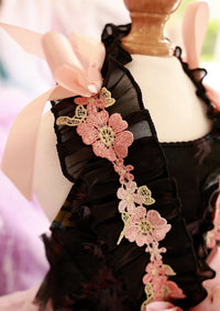 Luxury Floral Dog Dress with Ruffled Skirt & Pink Bow