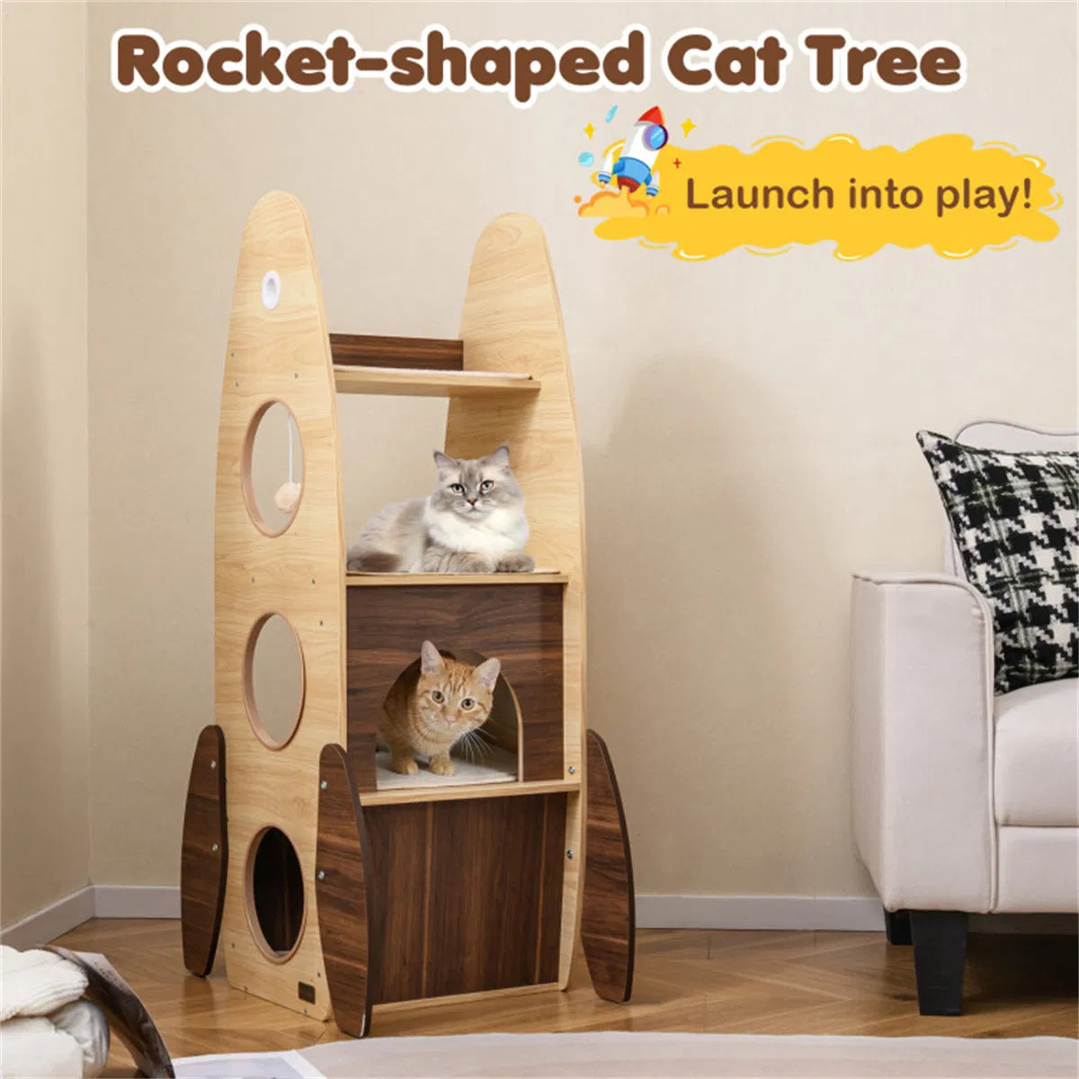 4-Tier Rocket Shape Cat Tree with 2-Tier Condo Sisal Scratch Pad Hanging Pompom Natural+White