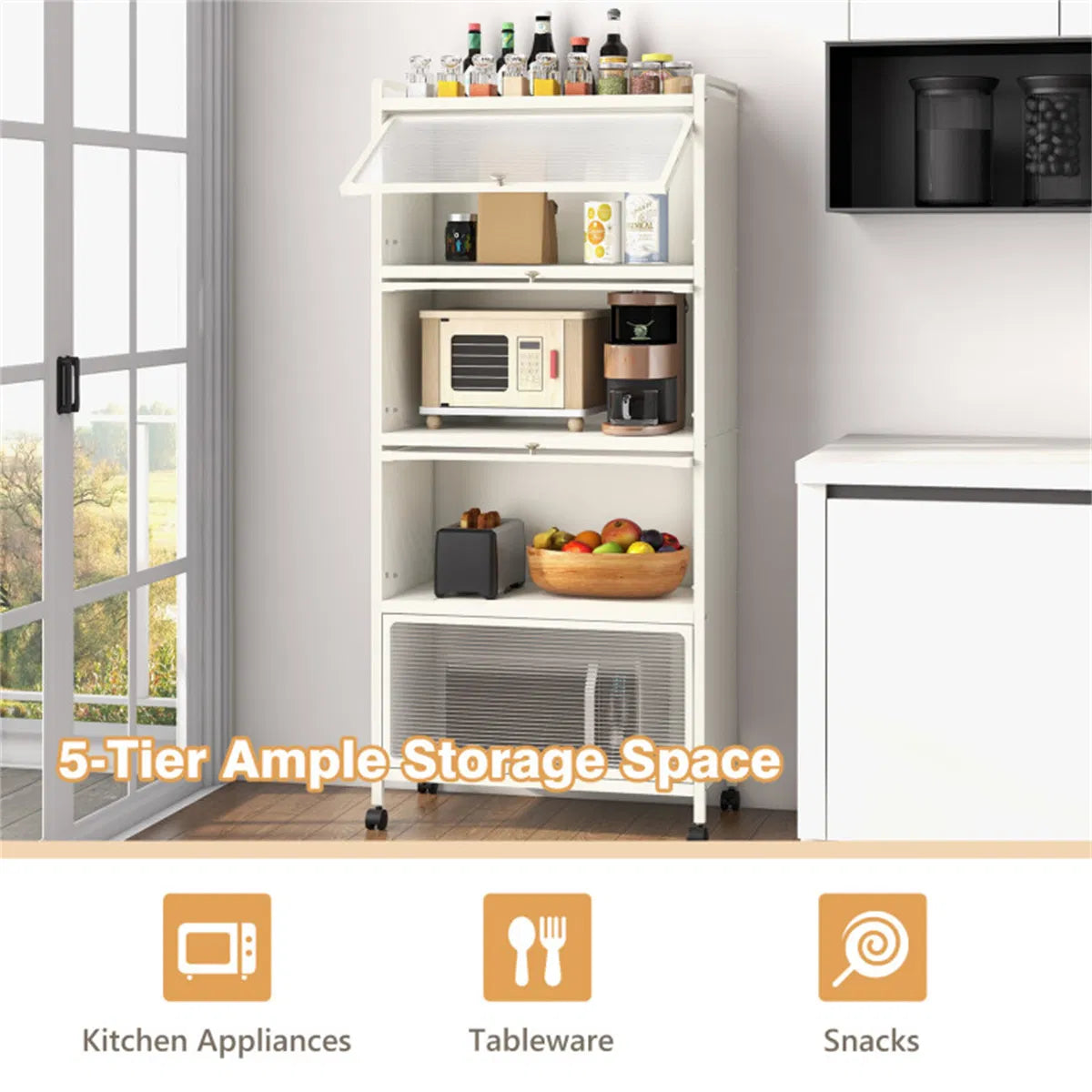 5-Tier Rolling Microwave Stand Flip Dust-Proof Doors 4 Casters with Brakes Kitchen Storage Rack White