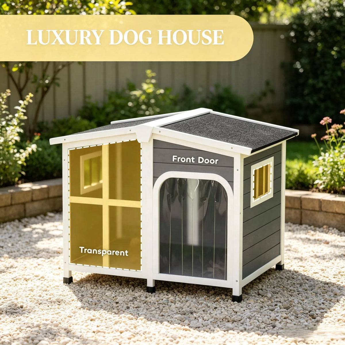 Large Dog House Cabin-Style Wooden Pet Shelter with Openable Roof And Giant Window Gray
