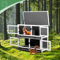 2 Story Solid Wood Rabbit Hutch Bunny Cage with 2 Large Main Rooms, Indoor Outdoor Rabbit House Guinea Pig Cage Pet Hous