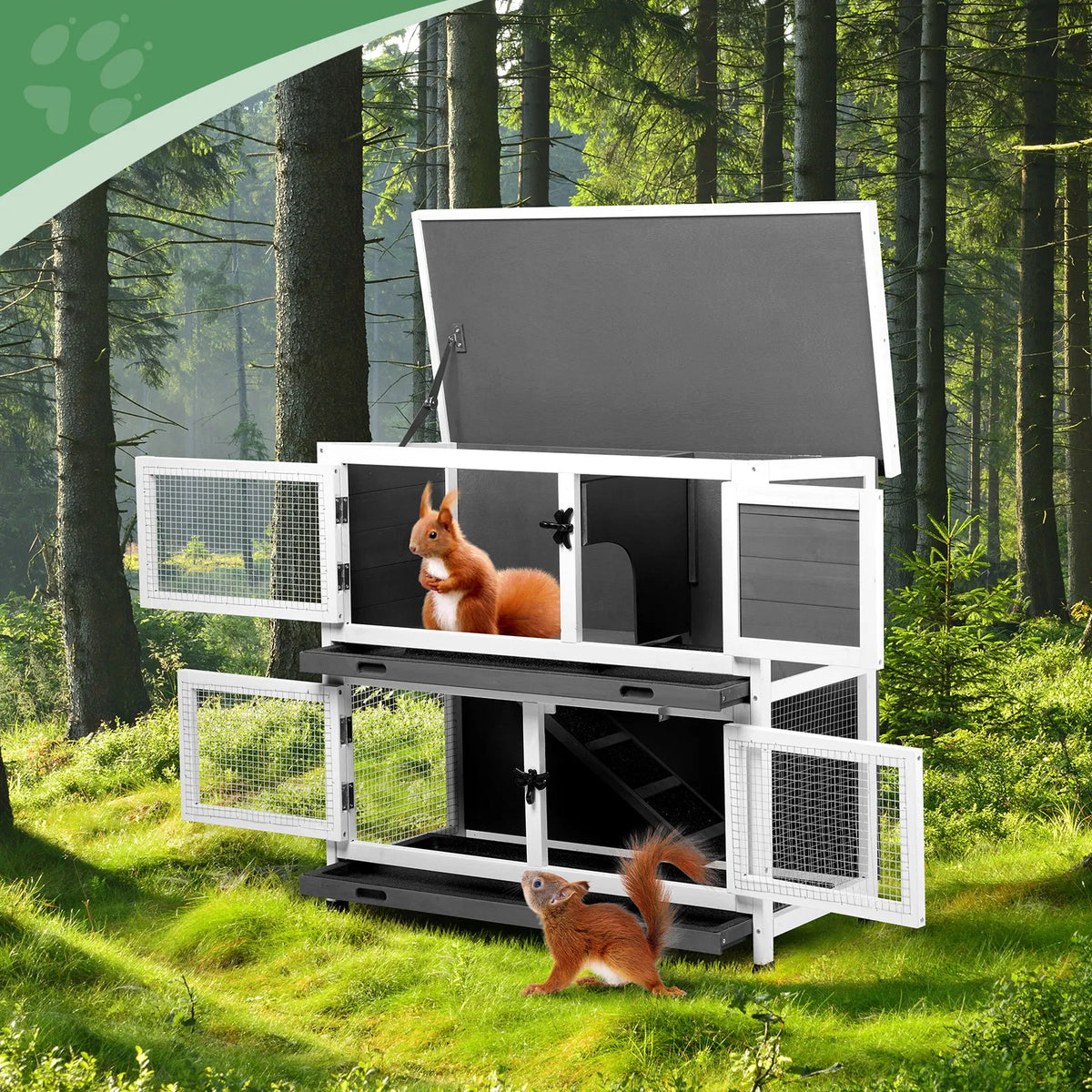 2 Story Solid Wood Rabbit Hutch Bunny Cage with 2 Large Main Rooms, Indoor Outdoor Rabbit House Guinea Pig Cage Pet Hous