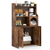 Wooden Hidden Cat Litter Box Enclosure with Storage Shelves Anti-Toppling Design Industrial Style Brown