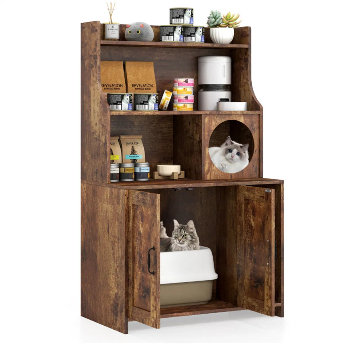 Wooden Hidden Cat Litter Box Enclosure with Storage Shelves Anti-Toppling Design Industrial Style Brown
