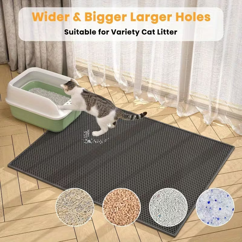 Large Cat Litter Trapper Mat with Exclusive Urine/Waterproof Layer - Cat Litter Mat - Larger Holes with Urine Puppy Pad Option for Messy Cats - Soft on Paws and Light - 30" x 24" (Black Color)