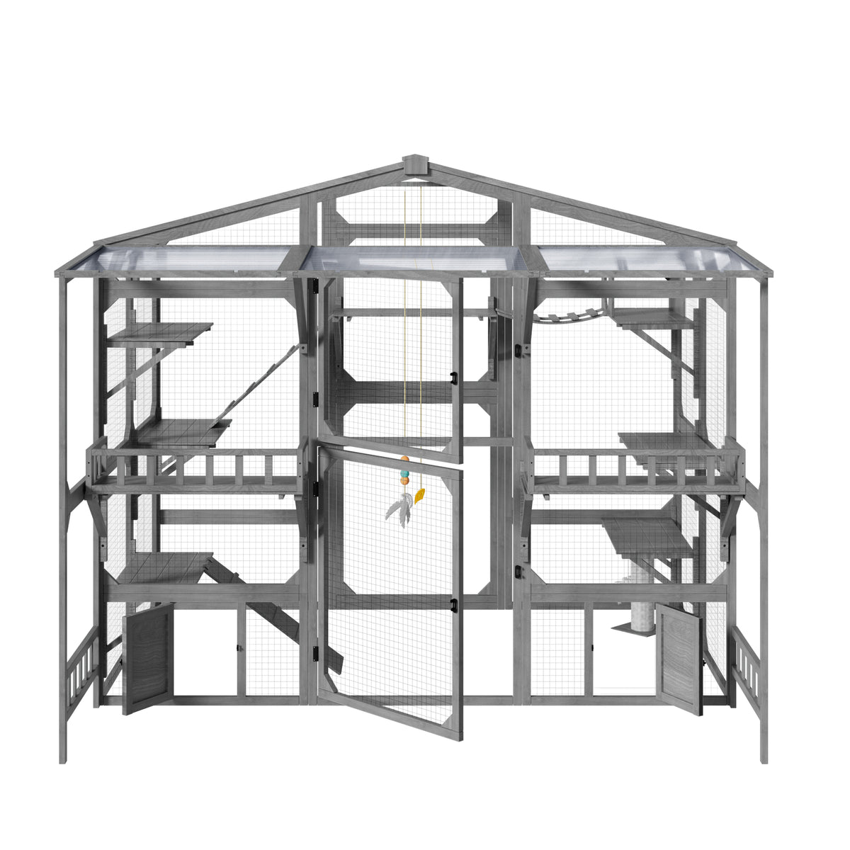 Large Outdoor Catio for 6-10 Cats, Pine Wood Cat Cage Outdoor with Weatherproof Roof, 6 Platforms, Climbing Ramp, 1 Rest