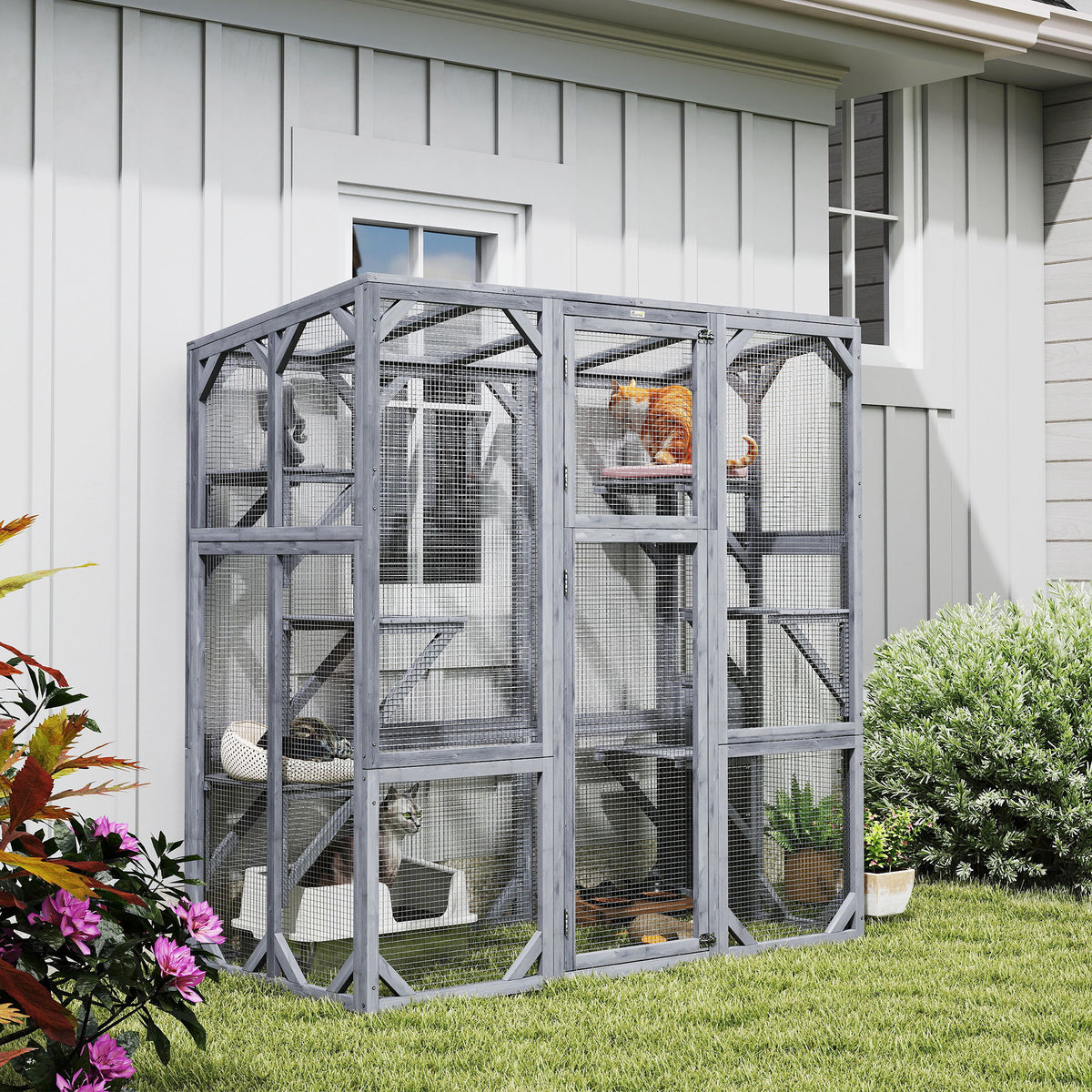 Large Wooden Catio Outdoor With 6 Jumping Platforms, Weatherproof Roof, For 1-3 Cats, 59 X 28 X 60, Gray